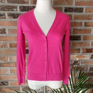 LOFT Bright Pink V-Neck Button Up Knit Cardigan, 100% Cotton, S Small B5